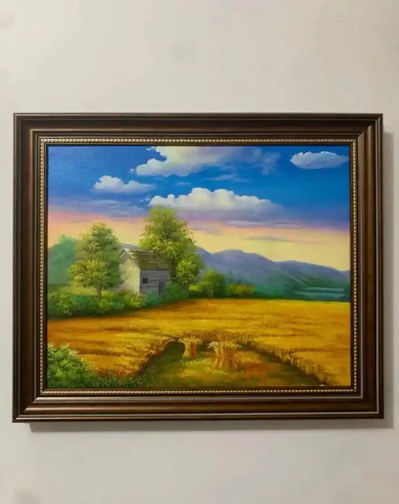 手绘丰收麦田风景油画