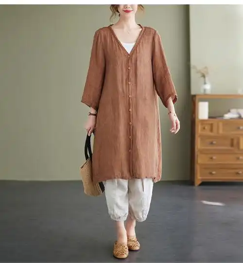 实拍现货夏季复古棉麻中长款开衫女士宽松文艺空调衫防晒衣外搭 - 17