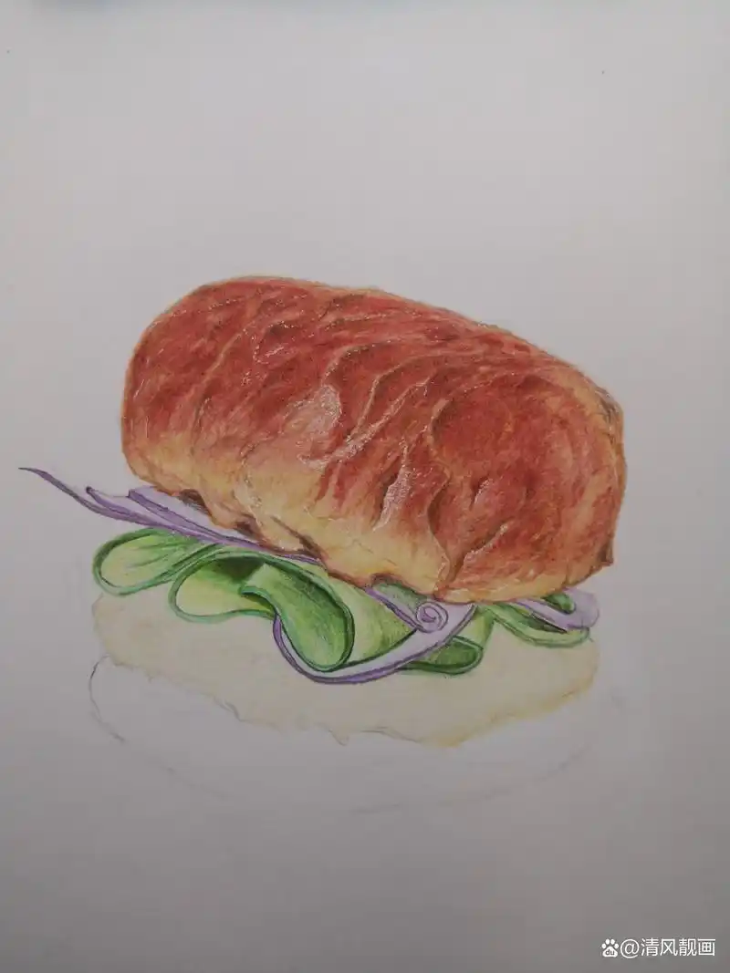 彩铅画牛肉面包的详细上色线稿步骤