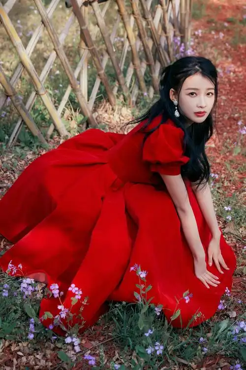 孙怡身穿红色玫瑰公主裙手拿鲜花气质甜美