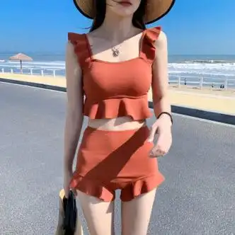 歌温妮轻奢法式品牌游泳衣女分体保守显瘦学生仙女范性感比基尼泡温泉