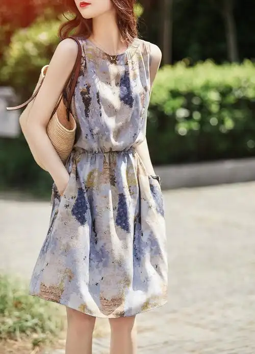 ceezemc 香港潮牌印花桑蚕丝连衣裙女 2021夏季新款复古名媛气质百搭