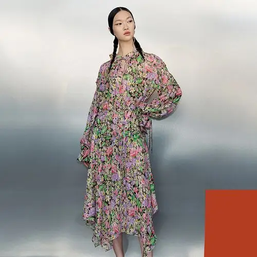 uooyaa/乌丫2020春季新款专柜正品金丝雪纺收腰复古印花连衣裙