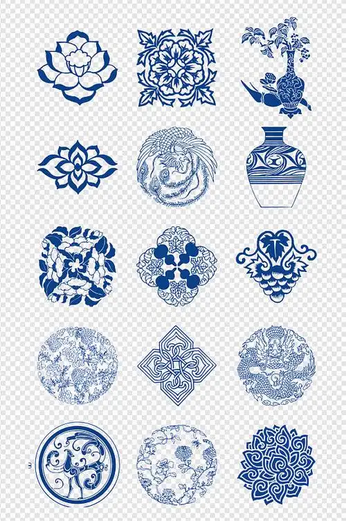 青花瓷图案合集青花瓷花纹4免扣元素