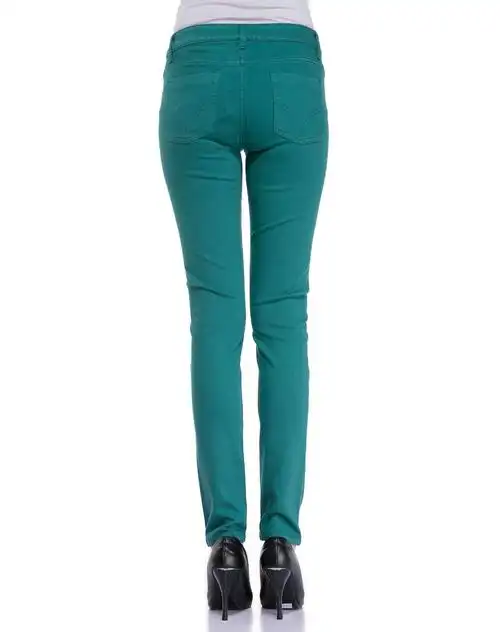 哥弟girdear女款蓝绿色修身简约中腰牛仔长裤