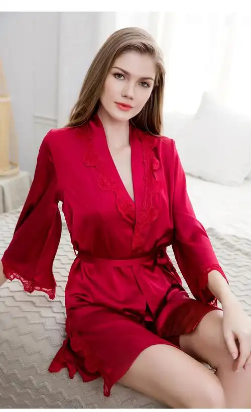 丹斯提尼家居服/睡衣 夏季真丝睡衣女性感情趣带两件套红色冰丝睡裙蕾