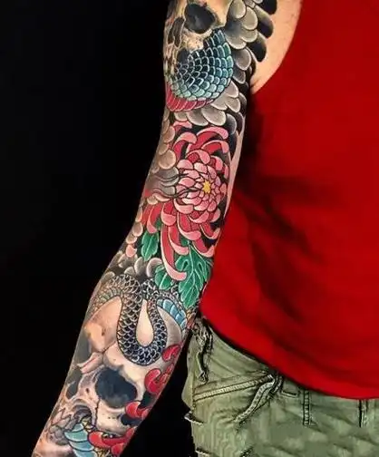 日式老传统牡丹花臂纹身图案59