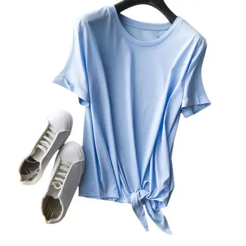 春夏时尚百搭洋气不规则下摆打结棉质圆领短袖t恤