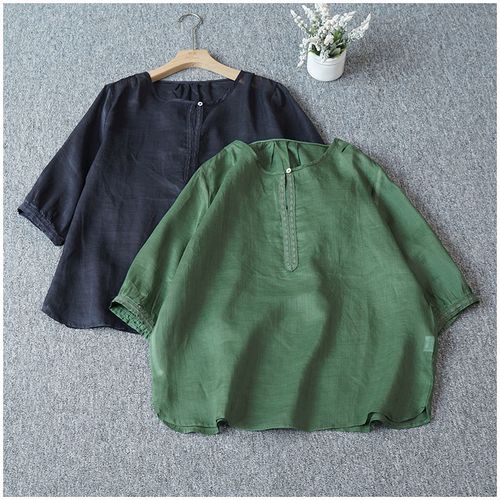 100支纯苎麻圆领一粒扣五分袖上衣 夏季清凉薄款会透薄麻罩衫防晒