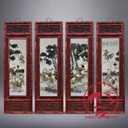 陶瓷四条屏春夏秋冬 梅兰竹菊 青花山水 粉彩人物画面齐全