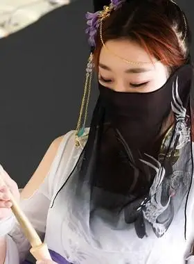 黑色面纱古风挽秀古风双鹤渐变雪纺面蒙面防晒配饰仙女古装纱巾