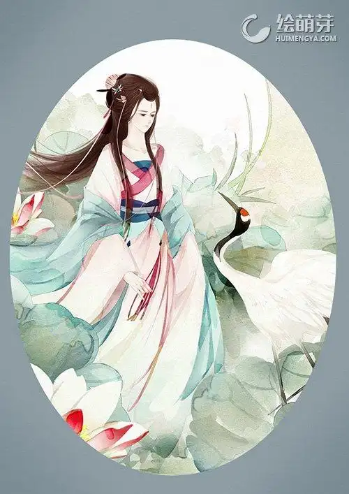 手绘古典女子和仙鹤水彩古风言情插画绘制全过程-1