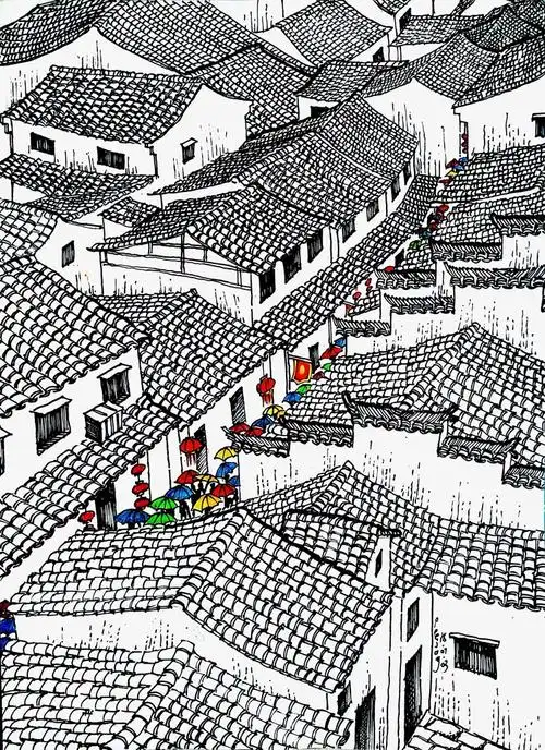 手绘徽派建筑,黑白中一道靓丽的色彩