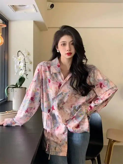 女装碎花衬衫上衣女春装胖mm遮肉显瘦衬衣扎染漂亮别致小衫大码