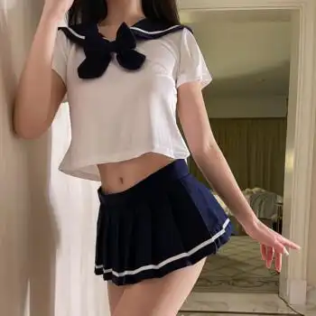 无内衬半身裙夏季超短裙百褶外穿性感水兵矮个子少女 蓝色水手服 均码