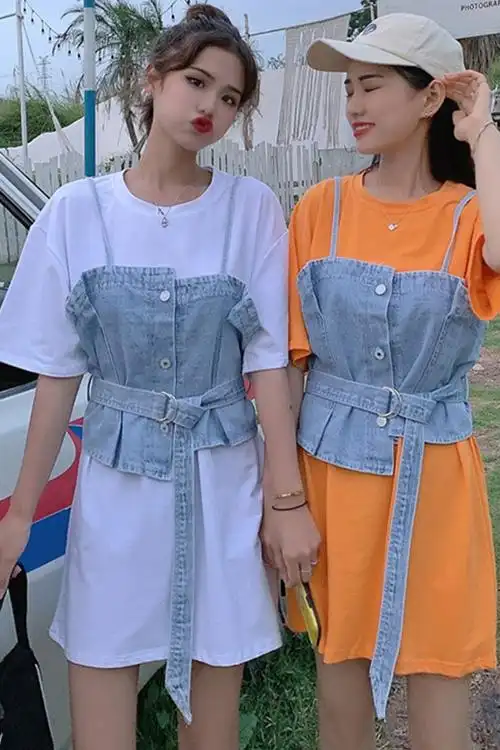 夏季2020新款减龄两件套中长款t恤牛仔吊带马甲闺蜜装套装女