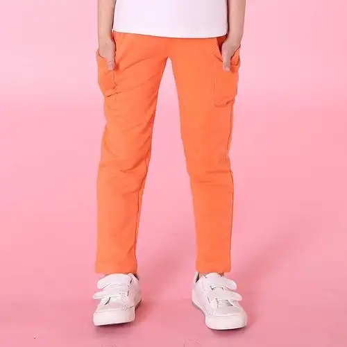 儿童松紧系带彩色大口袋 纯棉男童休闲长运动裤 裤子 橙色 110