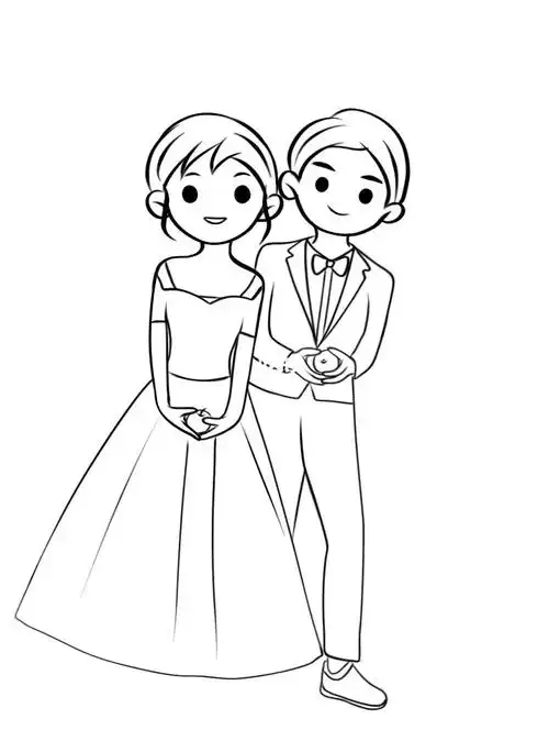 手绘卡通婚纱照简笔画附线稿