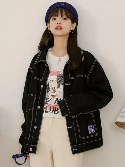 明线设计感牛仔外套女学生2024新款网红黑色上衣复古港味chic上衣