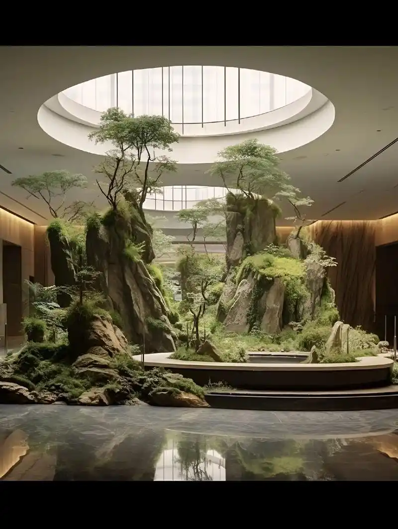 大厅山水景观效果图.#室内景观 #造景 #假山流水 #空间美 - 抖音