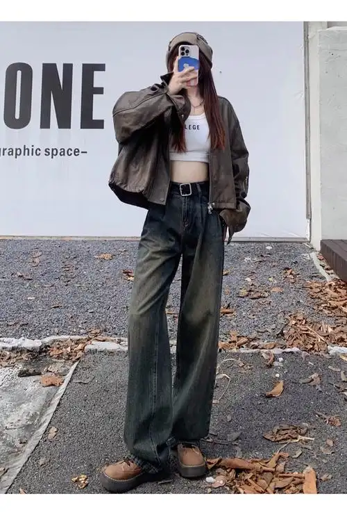 水泥灰加绒阔腿牛仔裤女秋冬新款高腰显瘦褶皱直筒拖地美拉德裤子