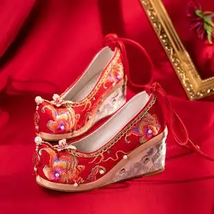 婚礼结婚红色坡跟增高古风布高跟绣花汉服鞋婚鞋子女中式秀禾服鞋