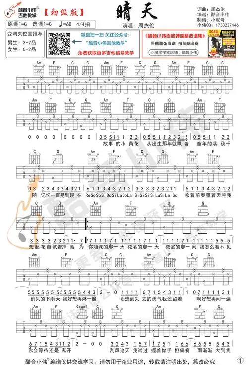 晴天吉他谱_周杰伦_g调初级版_吉他弹唱谱1