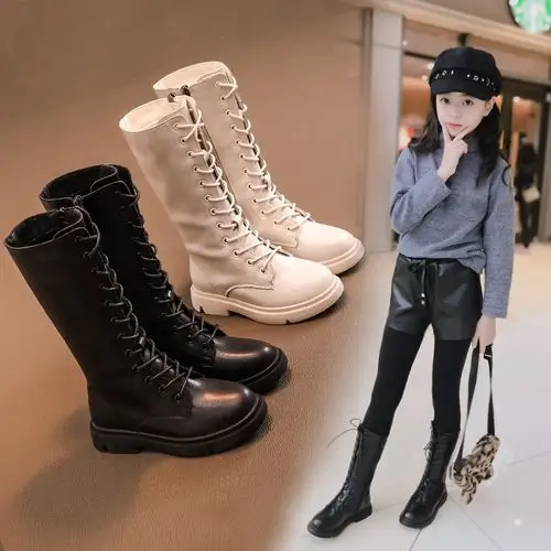 女童鞋儿童靴子加绒皮靴2021年新款长靴春秋冬款高筒长筒马丁单靴