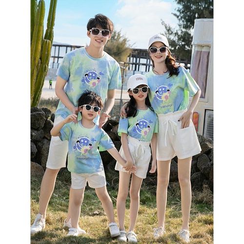 海边亲子装夏装一家三口四口洋气母女母子扎染短袖沙滩套装家庭装