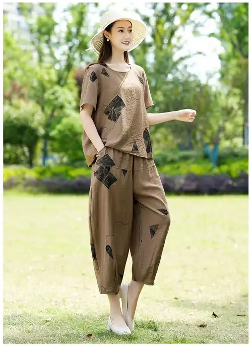 素订棉麻女装官方夏款套装素素杭州中年妈妈棉麻两件套夏装洋气短袖