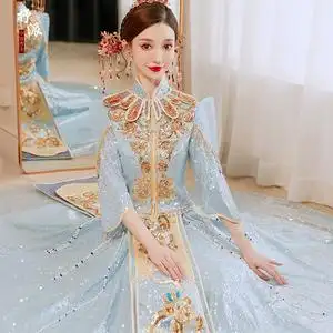 冰蓝色秀禾服新娘2022新款夏季薄款结婚奢华修身敬酒服中式礼服女