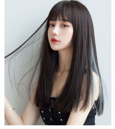 挂耳挑染直发假发女 空气刘海自然全头套黑长直发 中长发假发套