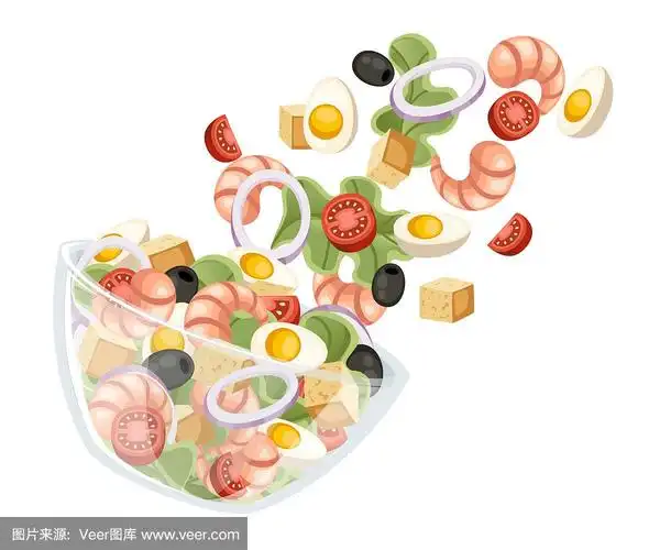 海鲜沙拉落在透明的碗里.新鲜蔬菜卡通图标设计食品.