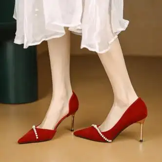 arshfe气质侧空高跟鞋女细跟法式春季新款婚宴配礼服新娘鞋尖头珍珠单