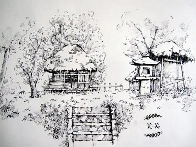 钢笔画,临摹宫崎骏动画里的一个场景 _ 美术――速写――风景[图片