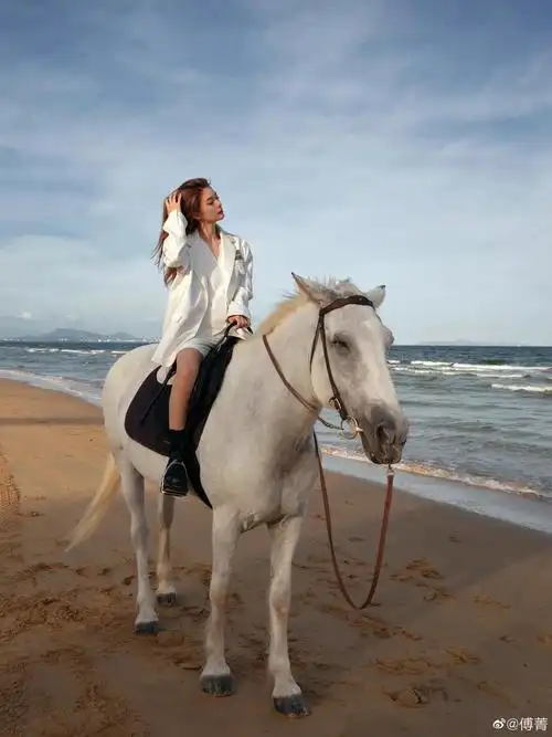 傅菁身穿白色刺绣西装,身骑白马的海边酷飒女孩__财经头条