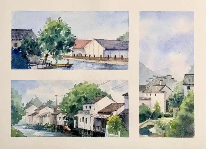 水彩风景随笔三联画江南水乡