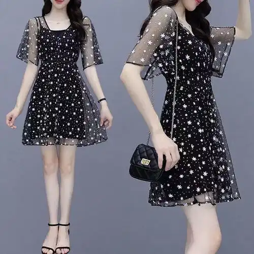 大码女装字母印花网纱连衣裙2024夏季新款胖mm收腰显瘦两件套裙子