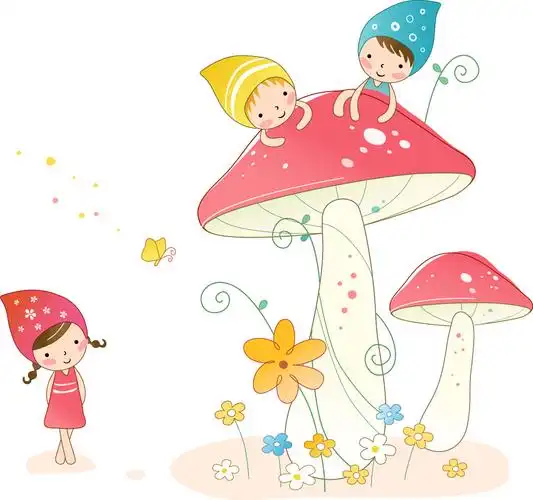 可爱儿童 图06 戴帽子的小女孩 小男孩 蘑菇