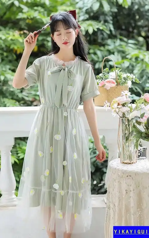 连衣裙学生夏天高中生初中生女生裙子夏季韩版短袖衣服仙气少女小个子