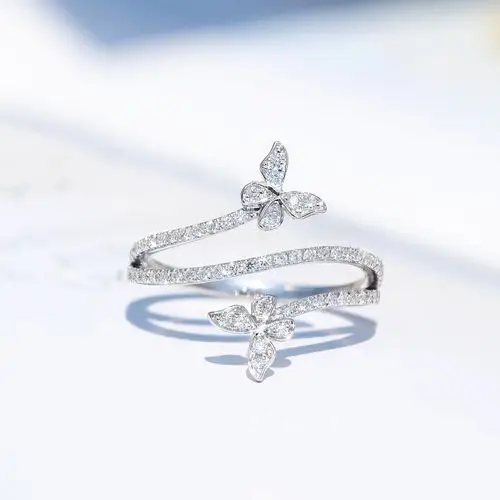 宝石矿工 18k白金蝴蝶钻石戒指 小清新唯美女戒au750真钻正品钻戒