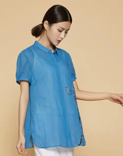 天意春夏湖蓝色两件套(配背心)衬衫女上衣