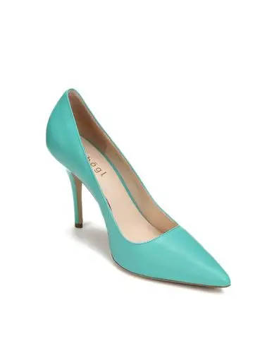 欧洲原装进口蓝绿色时尚简约尖头牛皮细高跟鞋