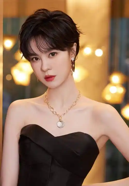 郁可唯的美貌被低估,穿抹胸黑裙秀"筷子腿",狗啃短发又酷又美_黑色_的