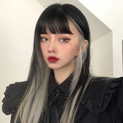 水舞挑染假发女长发网红渐变黑灰白色挂耳染全头长直发jk日常发套