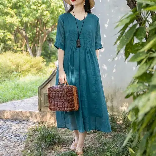 非实拍原创抽褶苎麻显瘦显白夏装连衣裙文艺棉麻女装通勤裙子