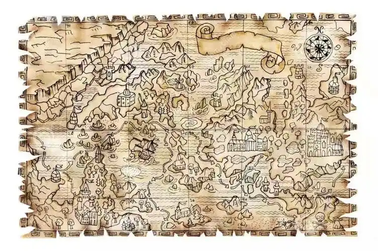 甲板上的海盗船长 一只手拿着羊皮卷的藏宝图 另一只手正拿着望远镜