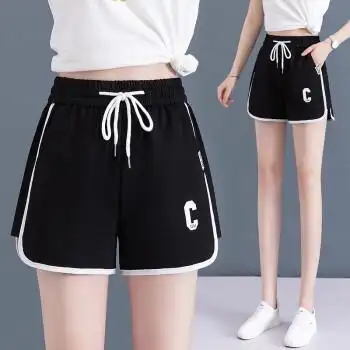 唐谜女装运动休闲短裤女夏季2022年新款高腰松紧薄款a字外穿热裤黑色