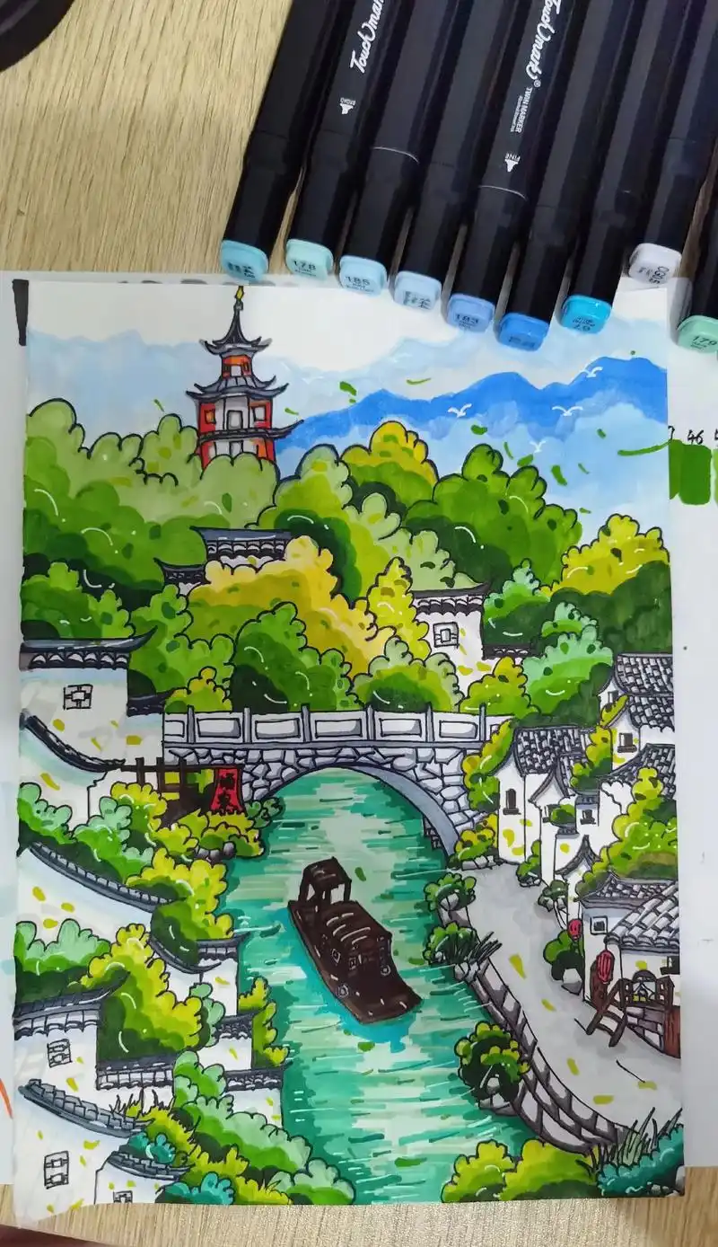 那就画一副我向往已久的江南古镇吧#画画96 - 抖音
