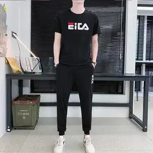意斐乐韩版帅气休闲运动套装男短袖长裤两件套夏季修身百搭